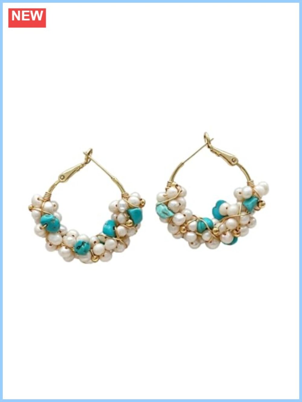 Handmade Freshwater Pearl Turquoise Beaded Hoop Earrings 925 Silver